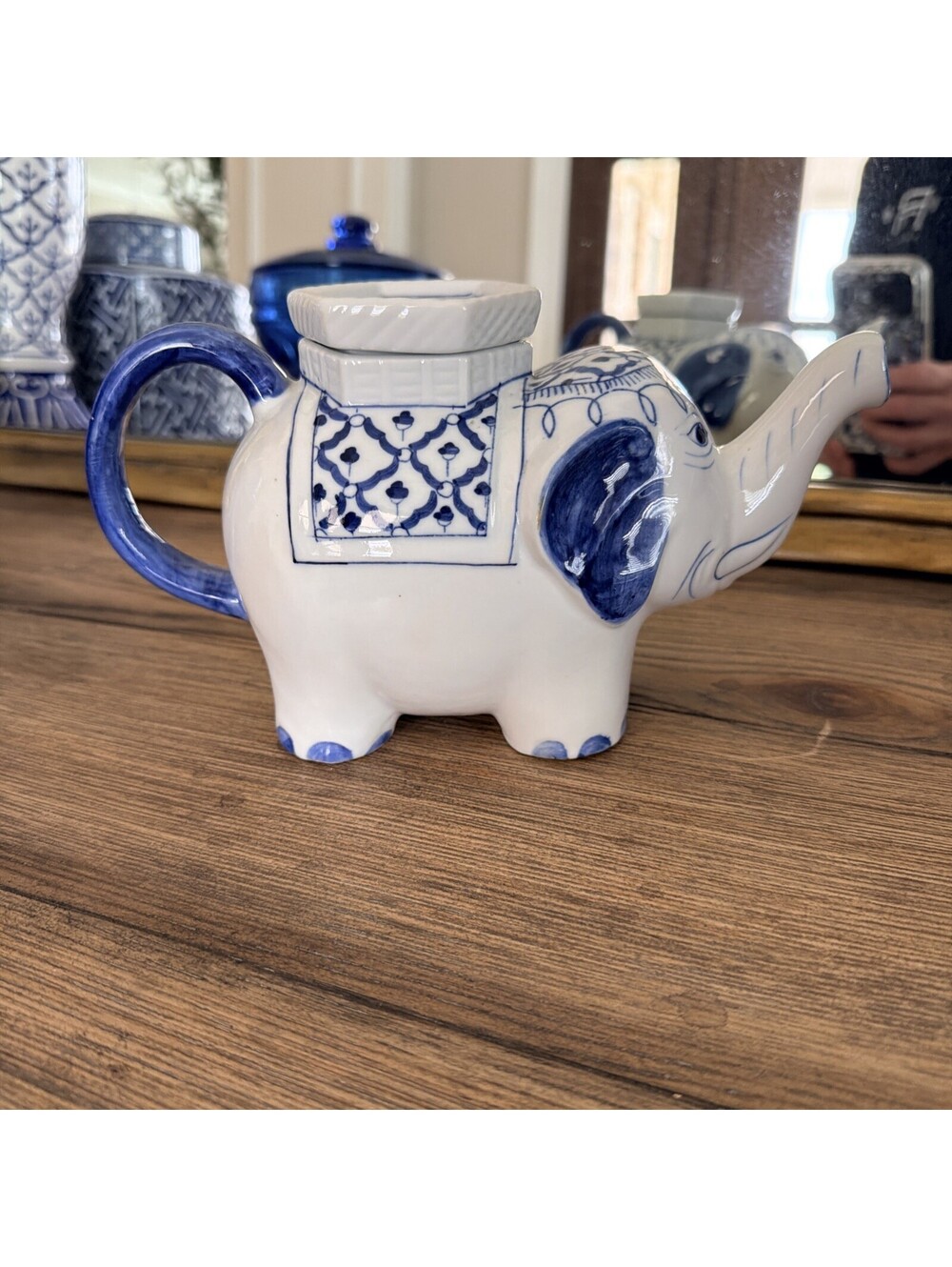 Vintage Blue White Elephant Teapot Made in Thailand Asian Chinoiserie Ceramic
